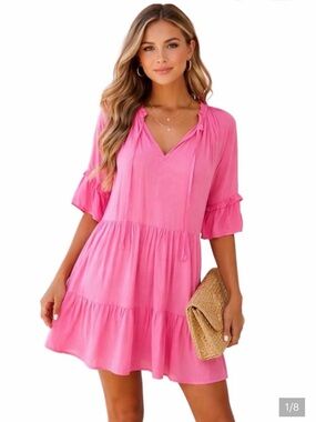 NEW W TAG Petal & Pup Pink Tiered Babydoll Mini Dress M Boho Ruffle Tassel Rayon